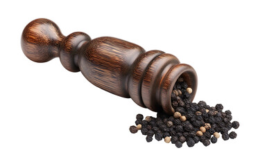 Wooden pepper mill with black peppercorns isolated on a transparent background