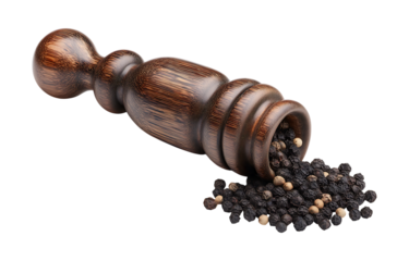 Wooden pepper mill with black peppercorns isolated on a transparent background