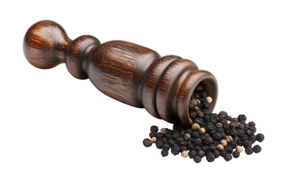 Wooden pepper mill with black peppercorns isolated on a transparent background