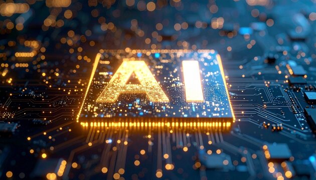 AI chip close-up on a computer motherboard, digital data concept. The letters "AI" are illuminated within the chip - Powered by Adobe
