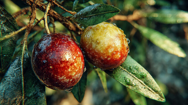 Close-up of ripe red olives covered in water droplets, hanging from green olive branches, showcasing a fresh and vibrant natural texture - Powered by Adobe
