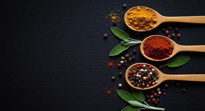 Wooden spoons filled with colorful spices and fresh sage leaves on dark slate