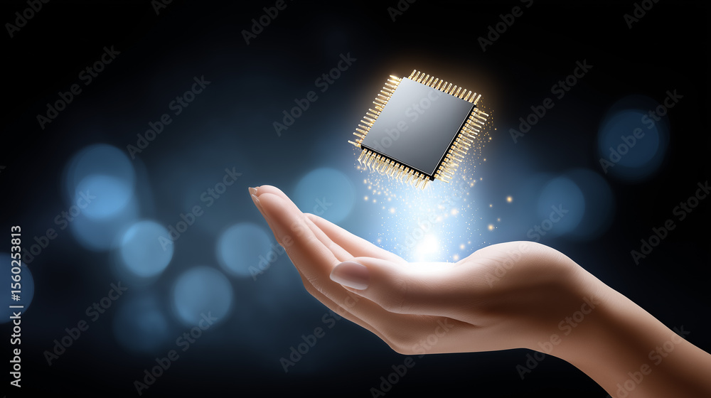 Poster ai chip hovers above hand-shaped data platform, emphasizing digital innovation in a glowing network 