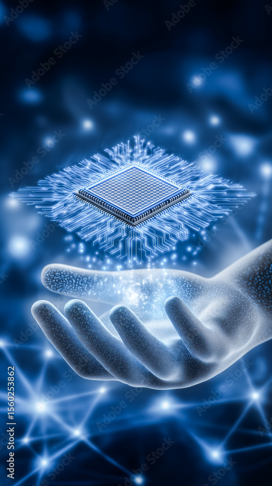 Poster ai chip hovers above hand-shaped platform crafted from digital data. vibrant blue network background