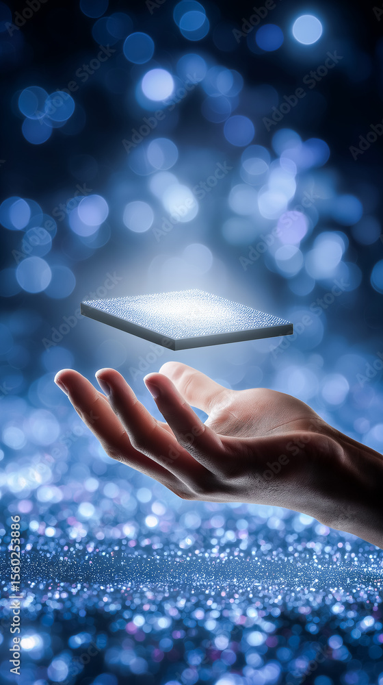 Poster ai chip floats above hand-shaped platform made of data in a glowing network background. concept of i