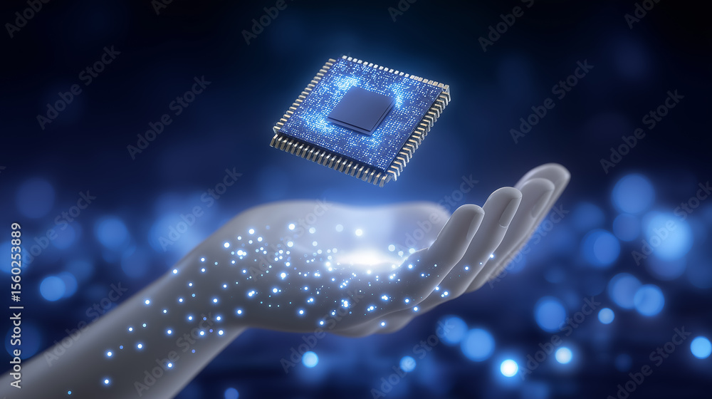 Poster ai chip hovers above hand-shaped platform made of data in glowing network background. clear atmosphe