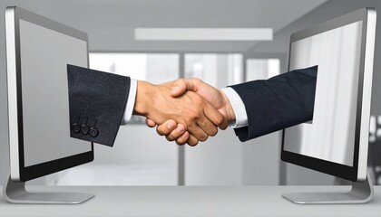 Two hands shaking across computer screens, symbolizing a successful online business deal or partnership.  