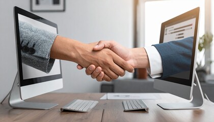 A digital handshake between two business associates on computer screens, signifying collaboration and deal making