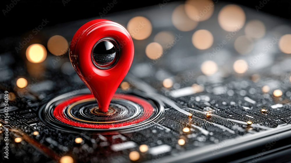 Poster smartphone with a bright red location pin hovering above the screen, symbolizing navigation or geolo