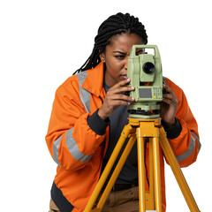 Confident young Black woman surveying land with a total station, showcasing precision and expertise in civil engineering, wearing an orange reflective jacket at a construction site.