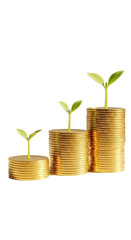 Golden Coins Stacked With Green Plants Symbolizing Growth And Investment On Black Background Isolated Transparent Background