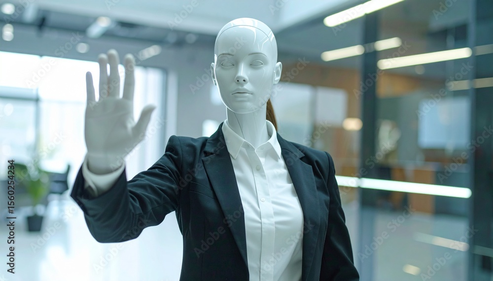 Poster an android in a formal suit giving a high five in a modern office environment. the android embodies 