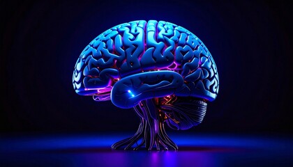 A glowing blue brain shaped like a tree, set against a dark background. The image has a futuristic and mystical feel