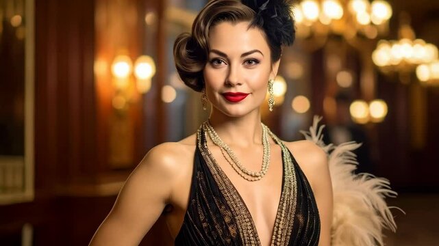 Elegant woman with flapper style bob and pearls, red lips, in an ornate hotel lobby with large chandeliers, in vintage inspired evening attire