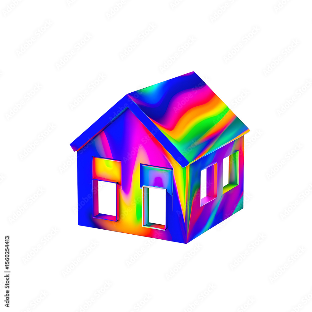 Poster colorful abstract house with wavy rainbow pattern on black background isolated on a transparent back