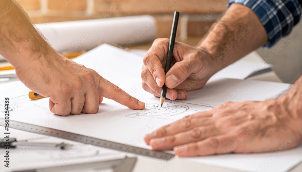 Poster two architects collaborating on a construction blueprint, brainstorming, and strategizing on a proje