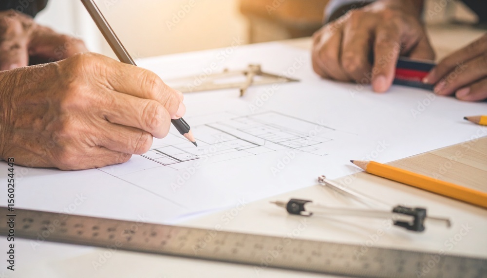 Poster architect sketching blueprint with pencil and compass on a table