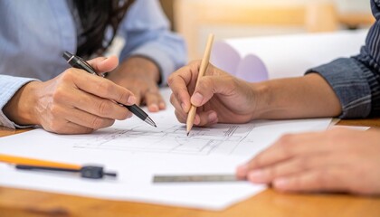 Architects at work, collaborating on a building plan with pencils and blueprints