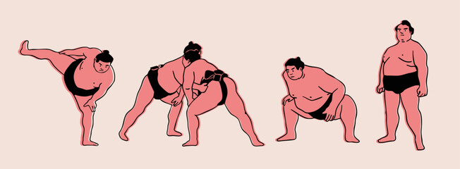 Sumo Wrestlers set. Various positions. Japanese traditional martial art, combat sport activity concept. Hand drawn trendy Vector illustration. Isolated design elements. Sticker, logo, print templates