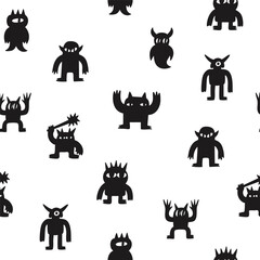 Abstract little black Monsters or fantastic animals. Various quirky funny creatures. Cartoon childish style. Cute characters. Hand drawn trendy Vector illustration. Square seamless Pattern