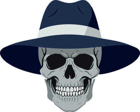 Skull wearing dark blue hat with light gray band vector design for gothic and Halloween themes