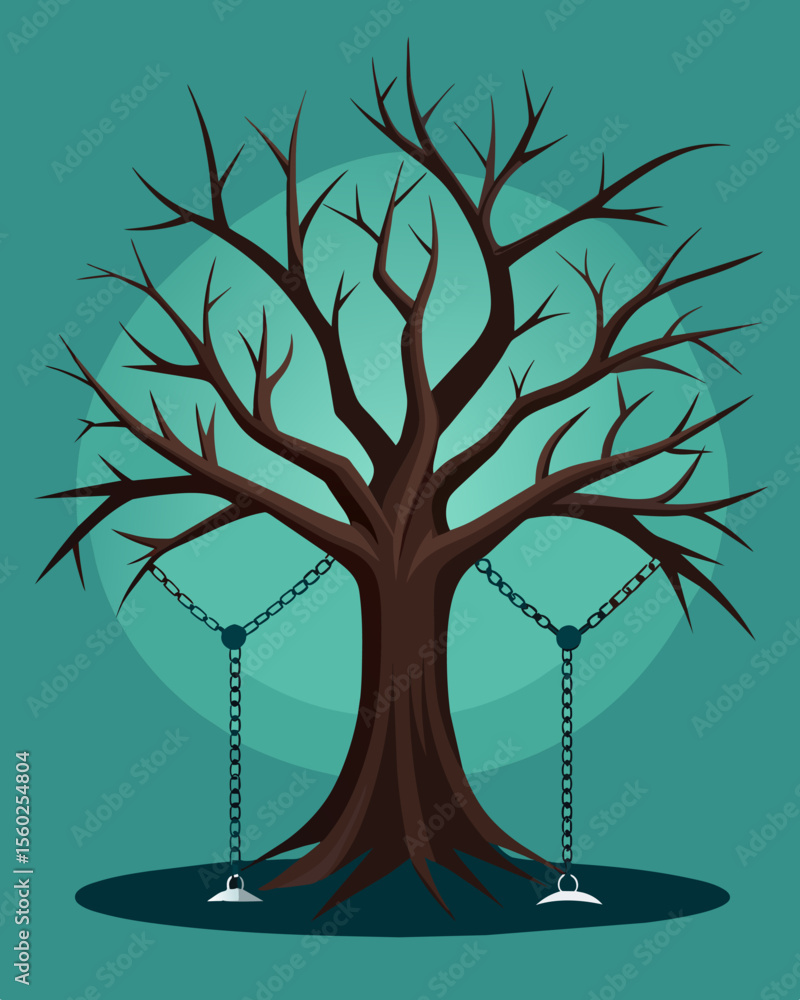 Poster a barren tree with chains hanging from its branches representing the suppression and lack of growth 