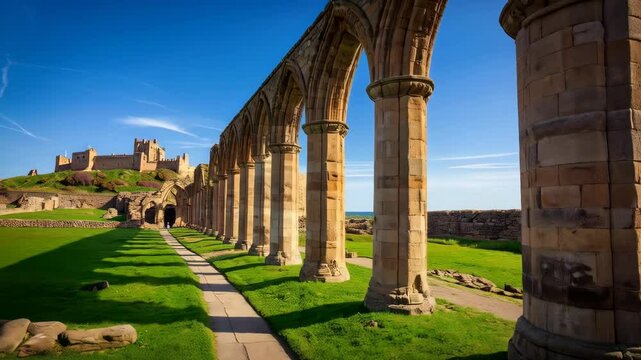 Ancient stone abbey ruins featuring rows of columns and a fortress on a grassy hill, under a clear blue sky.