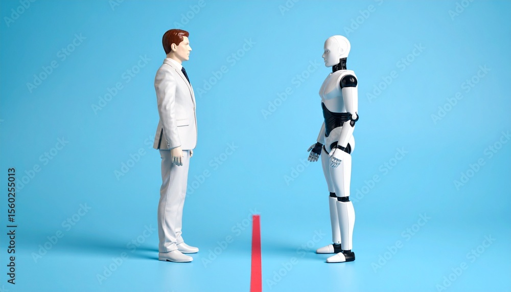 Poster a man and robot stand facing each other, separated by a red line, a concept representing human-machi