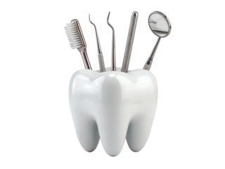 White tooth holder with dental tools for clinic or dental education concept  isolated on transparent background png