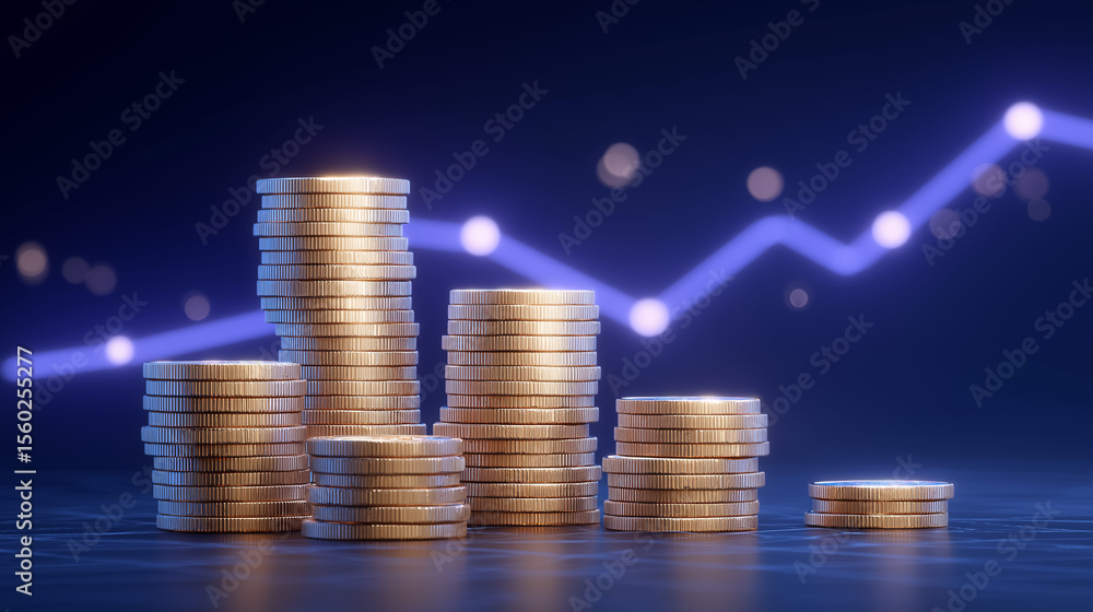 Poster stacks of coins positioned at various peaks of a glowing line chart. dark gradient background enhanc