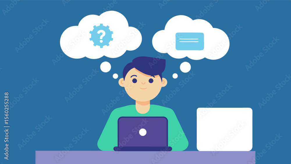 Poster a person looking up resources on a computer with a thought bubble above their head filled with quest