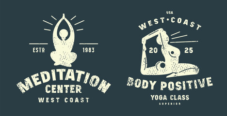 Body positive meditation class emblem. Graphic design with typographic and silhouettes of girl in asana. Blue print with rough texture on white background