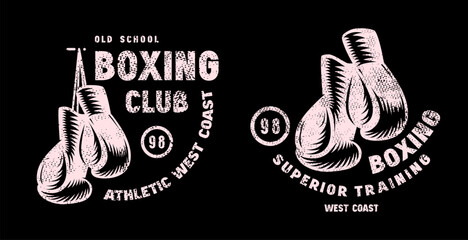 Boxing club emblem for t-shirt. Graphic design with rough texture. Blue print on pink background