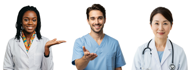 Three Healthcare Professionals: A Young Black Woman and Two Male and Female Medical Experts Engaged in Patient Care in a Clinical Setting