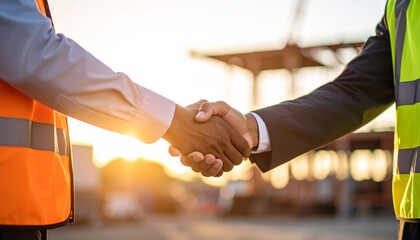 Handshake between businessman and worker on construction site against backdrop of sunlight