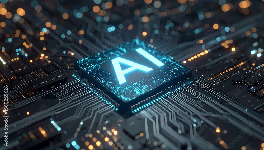 Poster futuristic image of an ai chip glowing. this image gives a view of the future, and the rapid advance