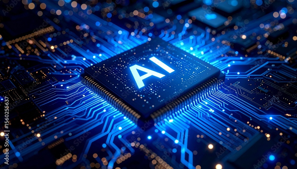 Poster close-up of a glowing ai chip with intricate circuitry