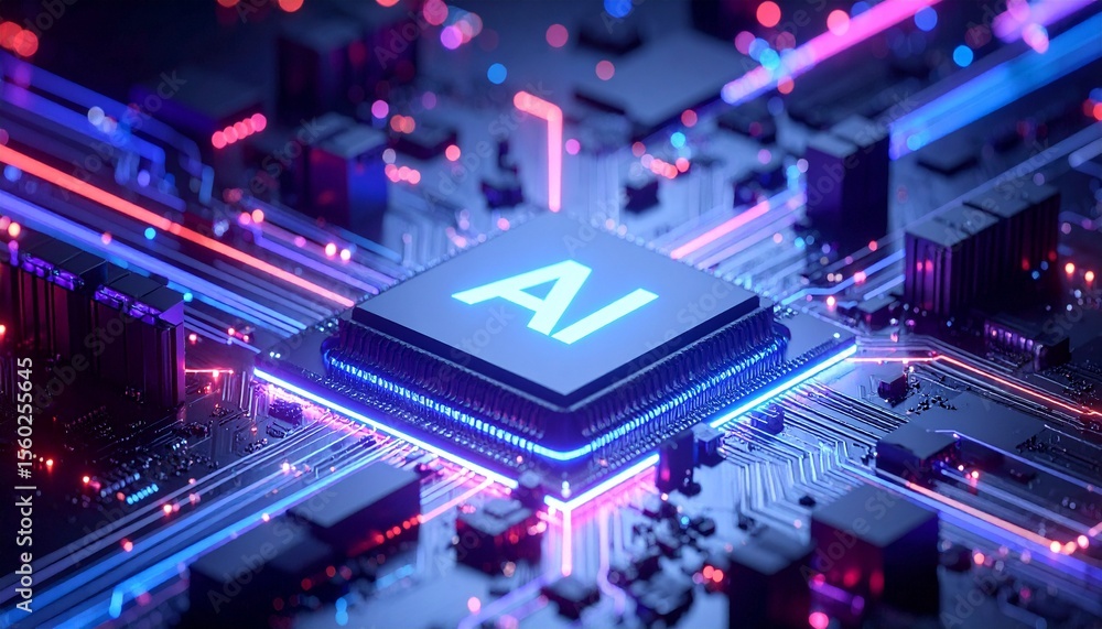 Poster a close-up of an ai computer chip, glowing and futuristic. the image showcases the intricate details