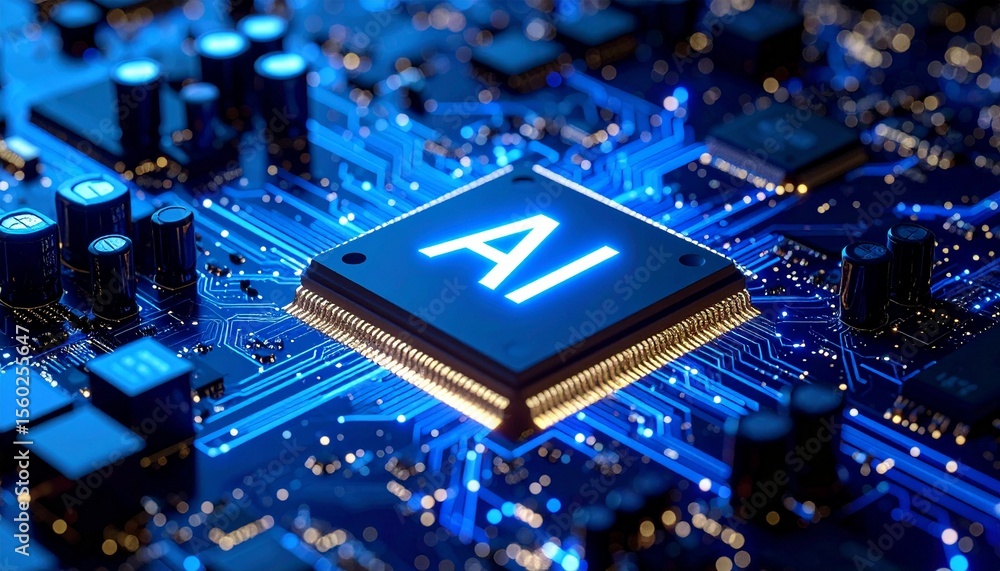 Poster a close-up shot of an ai chip on a circuit board, showcasing cutting-edge technology. the circuit bo