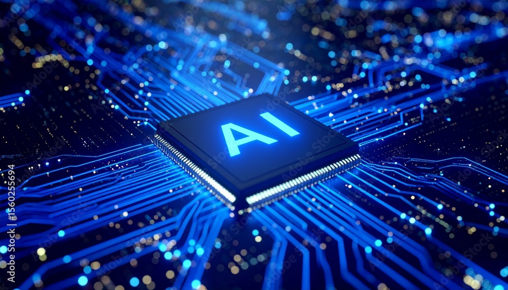 Aufkleber a futuristic ai chip with intricate circuits illuminated in a mesmerizing blue glow