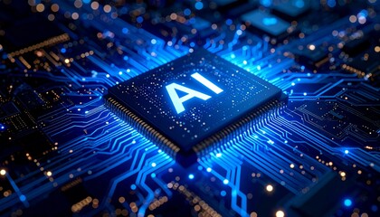 Close-up of a glowing AI chip with intricate circuitry