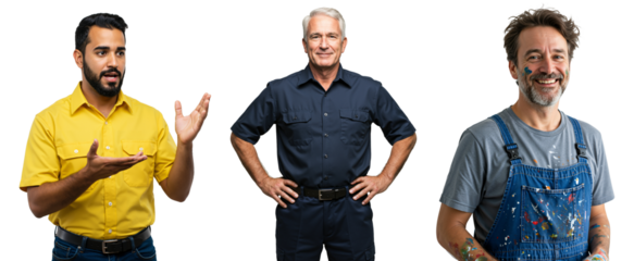 A Group of Three Diverse Men: An Asian Man in a Yellow Shirt, a Caucasian Man in Dark Uniform, and a Middle-Eastern Man in Overalls Smiling Against a Black Background