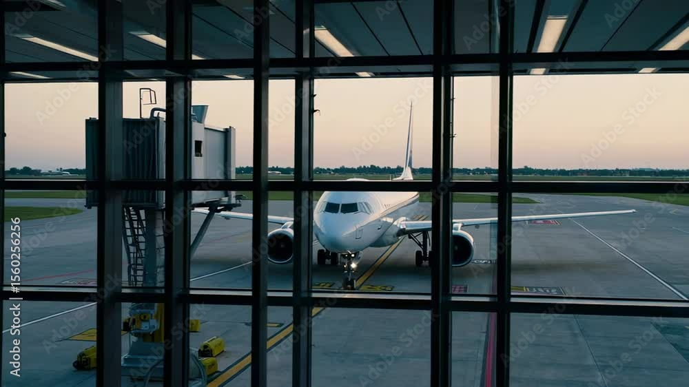 Poster passenger airplane slowly approaches gate through large windows at airport terminal at dusk, prepari