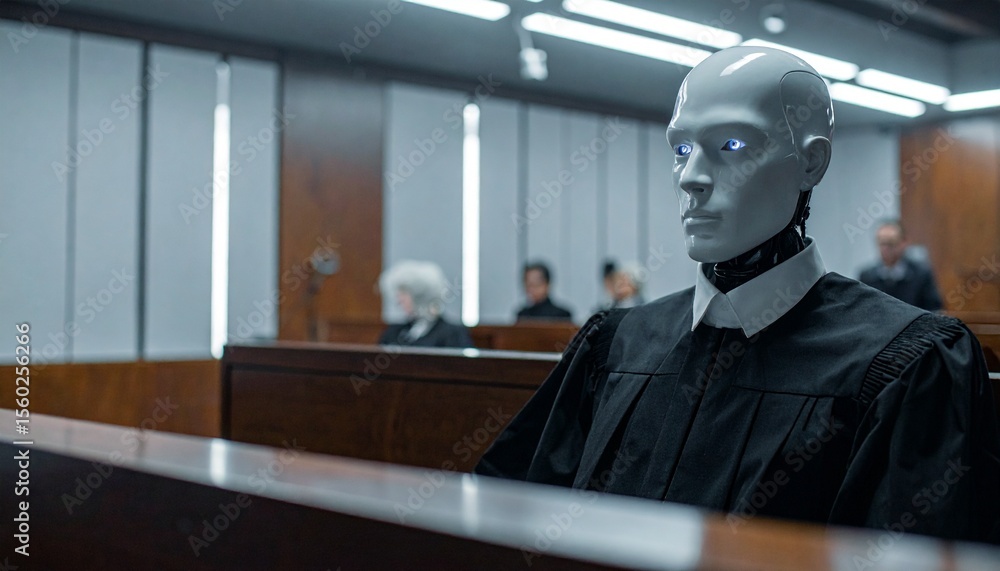 Poster a realistic robot dressed in judge clothes in the courtroom, an android judge with cold eyes sitting