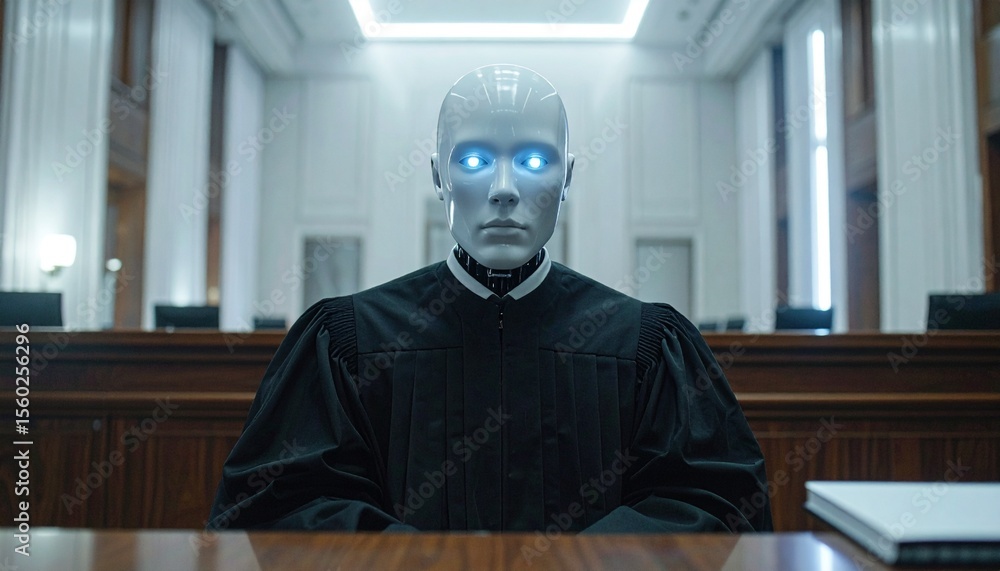 Poster a striking image of a robotic judge in a courtroom setting, embodying the concepts of justice and ar