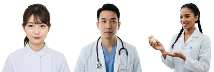 A Group of Healthcare Professionals Including a Female Asian Doctor, a Male Asian Physician in Scrubs, and a Female African American Nurse Presenting Medicine