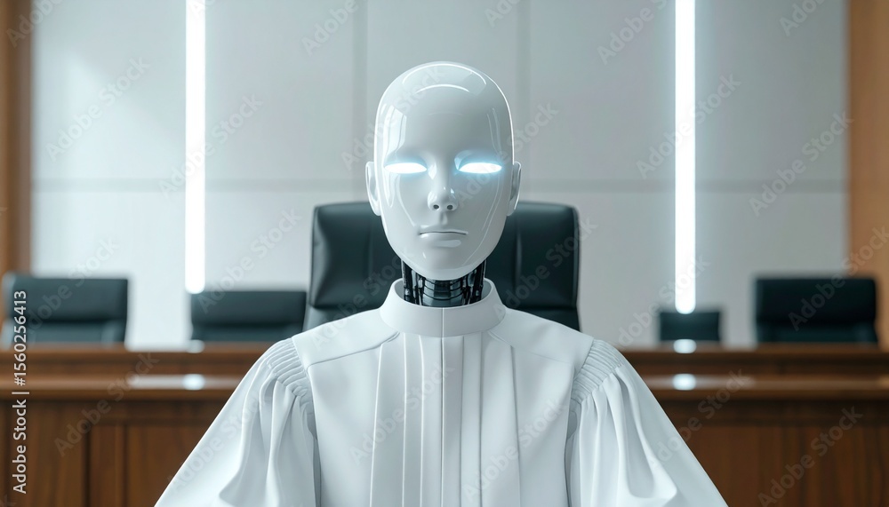 Poster a futuristic robot judge in a courtroom setting, symbolizing advanced technology in the legal system
