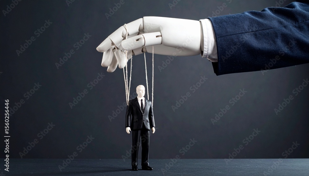 Poster a puppet master's controlling hand directing a businessman puppet. a conceptual image exploring them