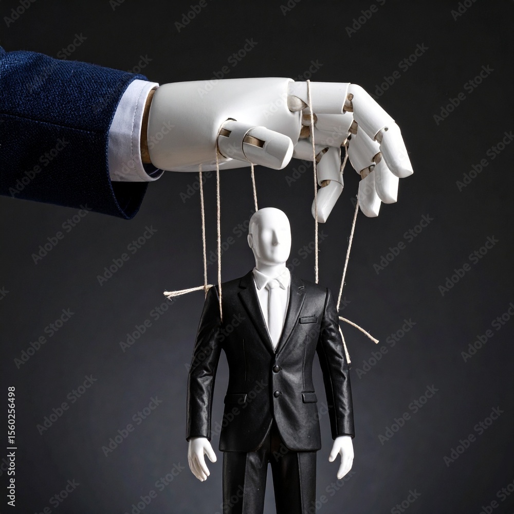 Poster puppet being controlled by a hand with strings. this thought-provoking image portrays the concepts o
