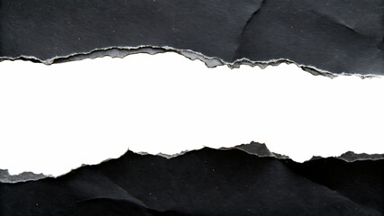 A piece of black paper is torn in the middle, revealing a white background, isolated on transparent...